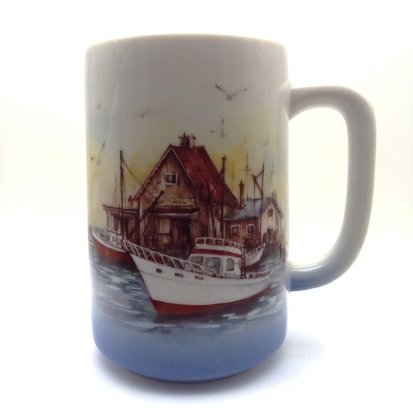 VTG Otagiri Coffee Tea Mug Handle Fishing Village Boats Seagulls 80's Sea Japan - Picture 1 of 8